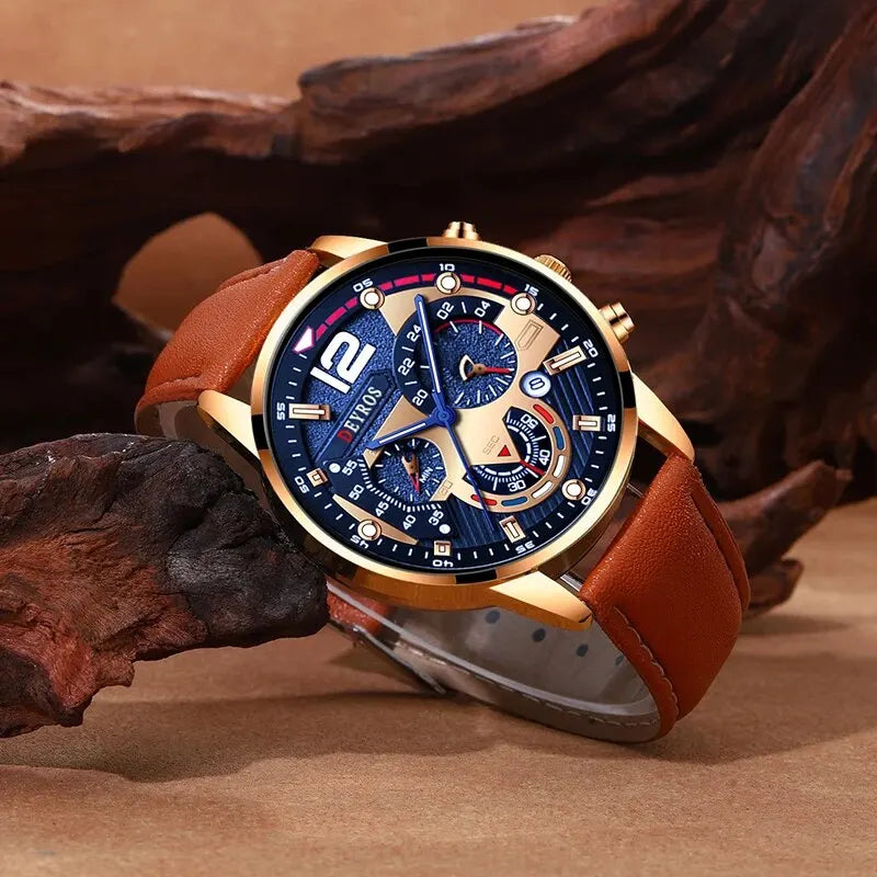 Stilvolle Herren Armbanduhr mit Kunstleder Armband Set Luxus Quarz Uhr