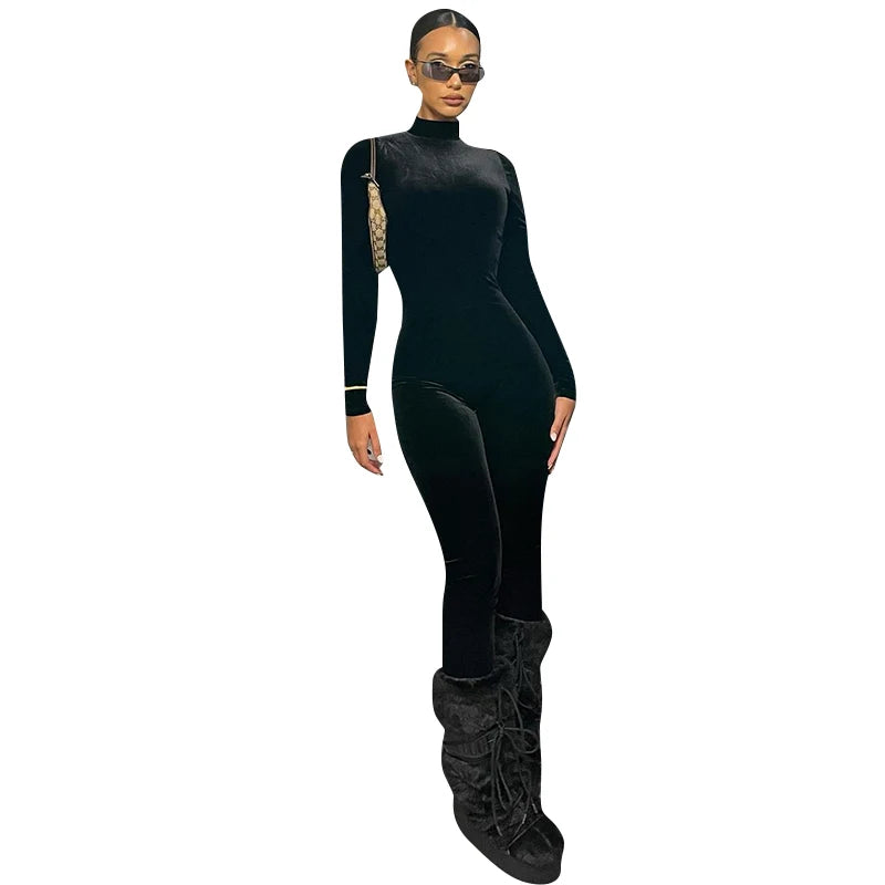 Dulzura Herbst Samt Sexy Y2K Kleidung Lange Hülse O-ansatz Bodycon Dünne Zipper Overall Frauen Sportliche Streetwear Strampler Outfits