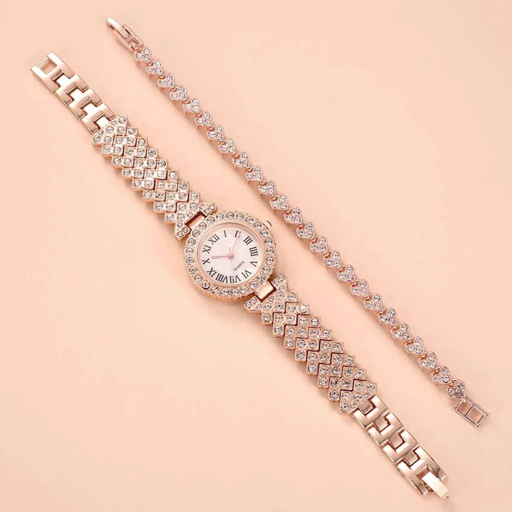 Damen Armband Uhren Set Strass Luxus Quarz Silber Gold Business Armbanduhr