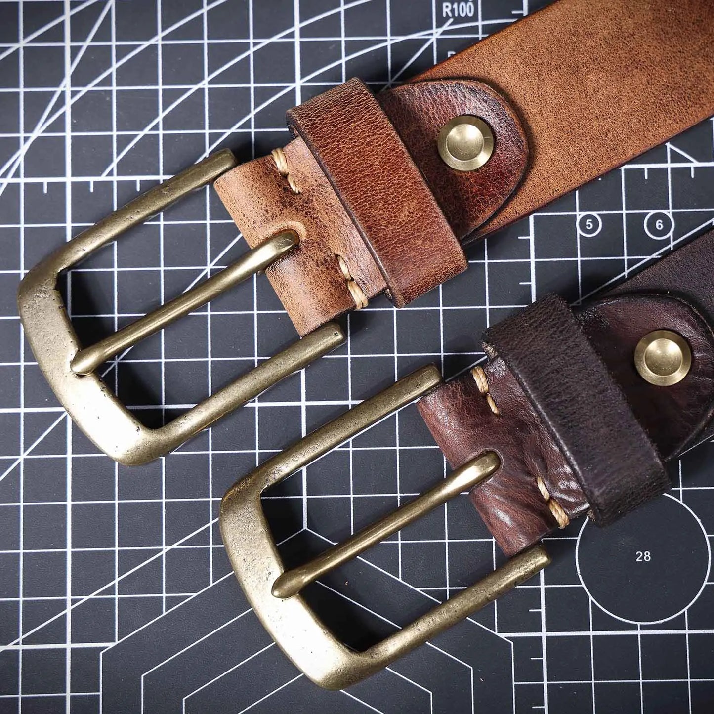 Jeans-Gürtel Herren Eckig Schnalle Echt Leder Gürtel Braun Breite Schnalle