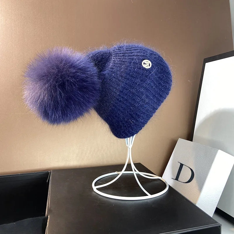 Damen Wolle Mütze Wintermütze Strickmütze Gefüttert Pudelmütze Bommel Skimütze