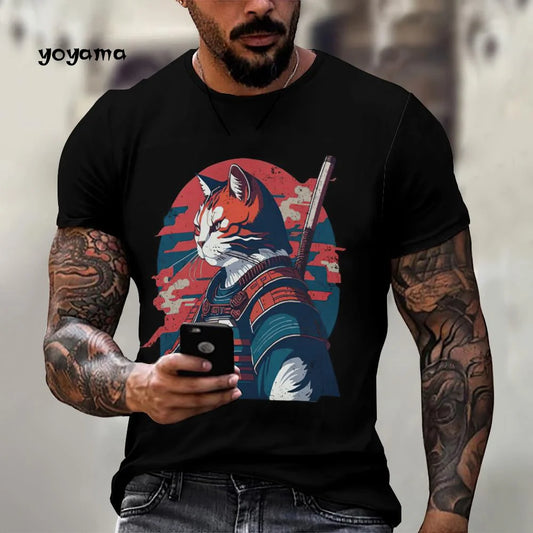 Japanische Samurai Katze Muster männer T-Shirt 3D Spaß Druck Kurzarm Sommer T-Shirt Harajuku Tops männer Straße Casual kleidung
