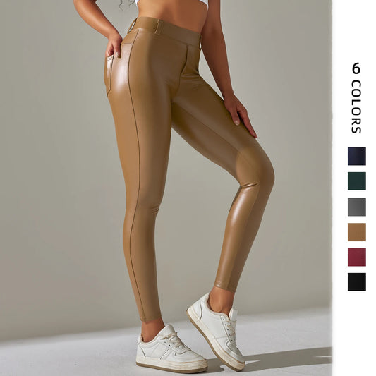 Damen Fashion Leggings Push Up Leggins Hose PU Lederhose mit Taschen Sexy