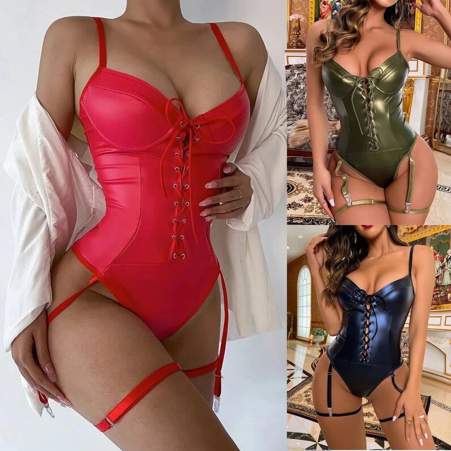 Sexy PU Leder Dessous Bodysuit Babydoll Reizwäsche Unterwäsche Schwarz Corset