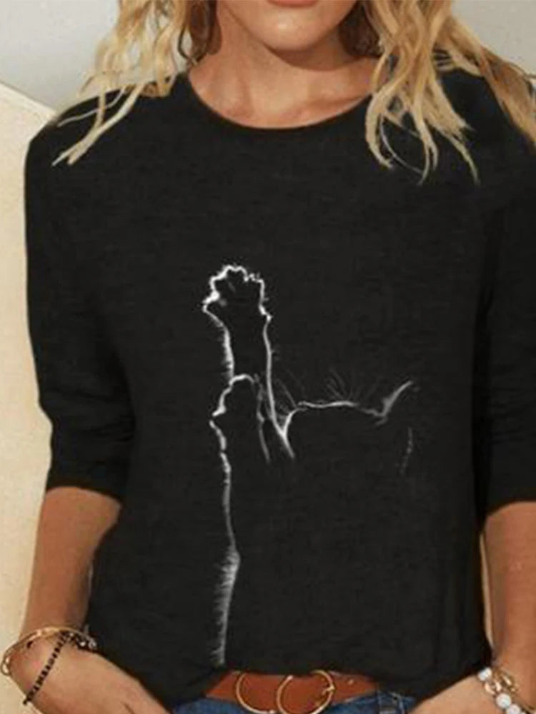 Damen Sommer Top Katzen Langarm T-Shirt Rundhals Streetwear lockeres Damentop