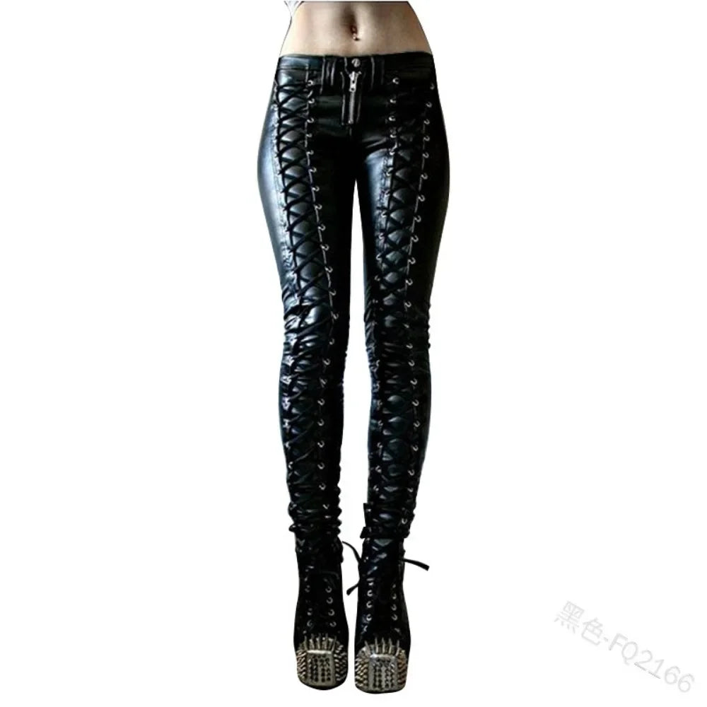 Sexy Damen Leggings Push Up Leggins Gothic Punk Hose PU Lederhose Reißverschluss