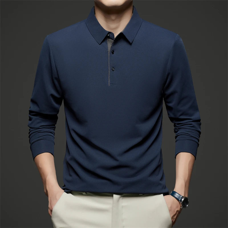 Neues Herren-Poloshirt, Business-Casual, langärmelig, einfarbig, modisch, warm, bequem, vielseitiges Oberteil für vier Jahreszeiten