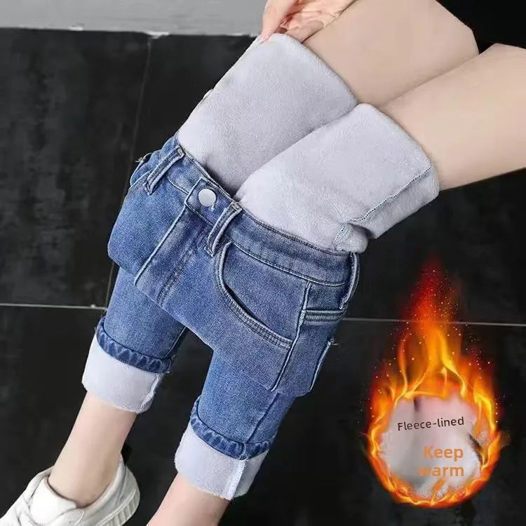Damen Winter Warm Thermo Jeans Hose Innenfleece Stretch Hosen Leggins Denim