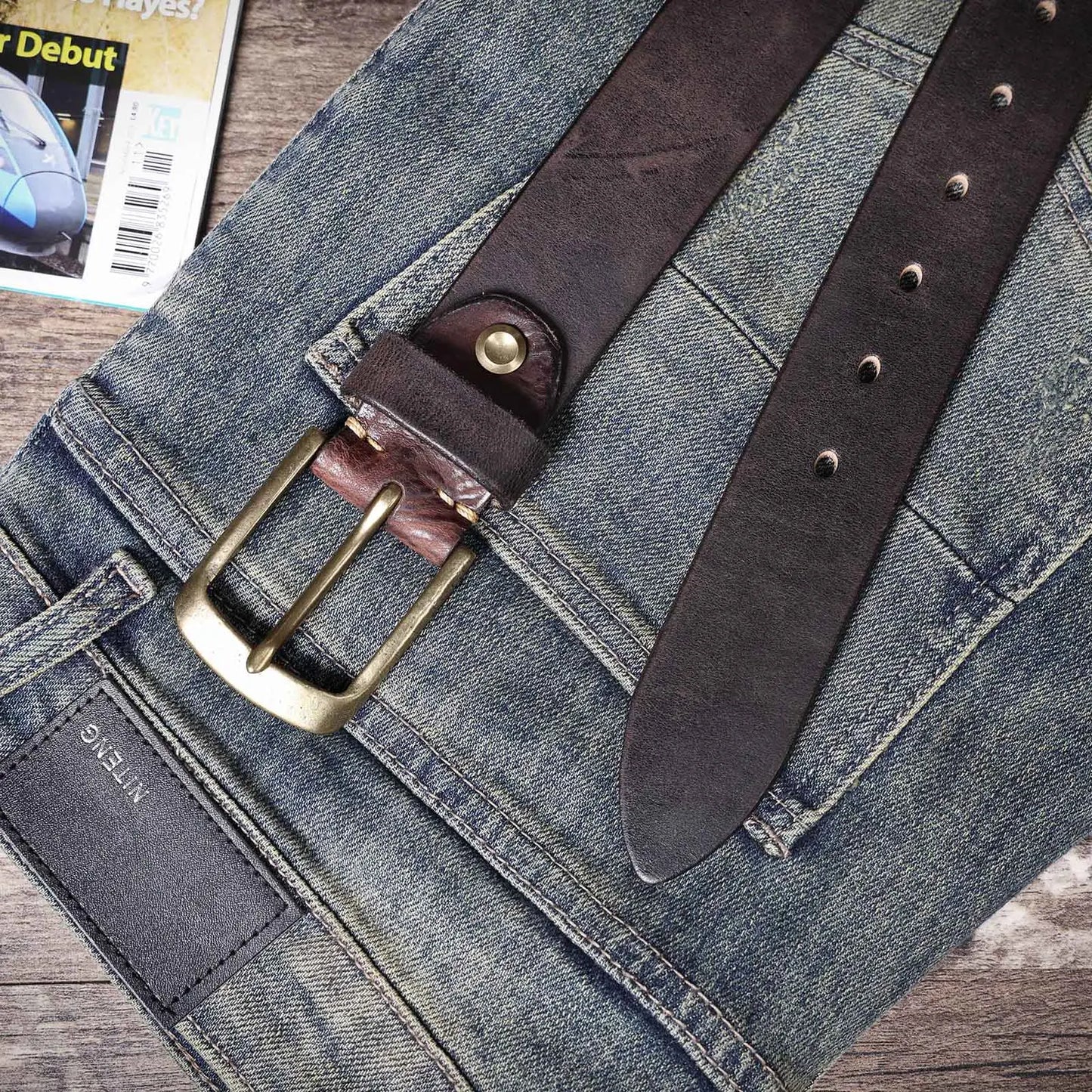 Jeans-Gürtel Herren Eckig Schnalle Echt Leder Gürtel Braun Breite Schnalle