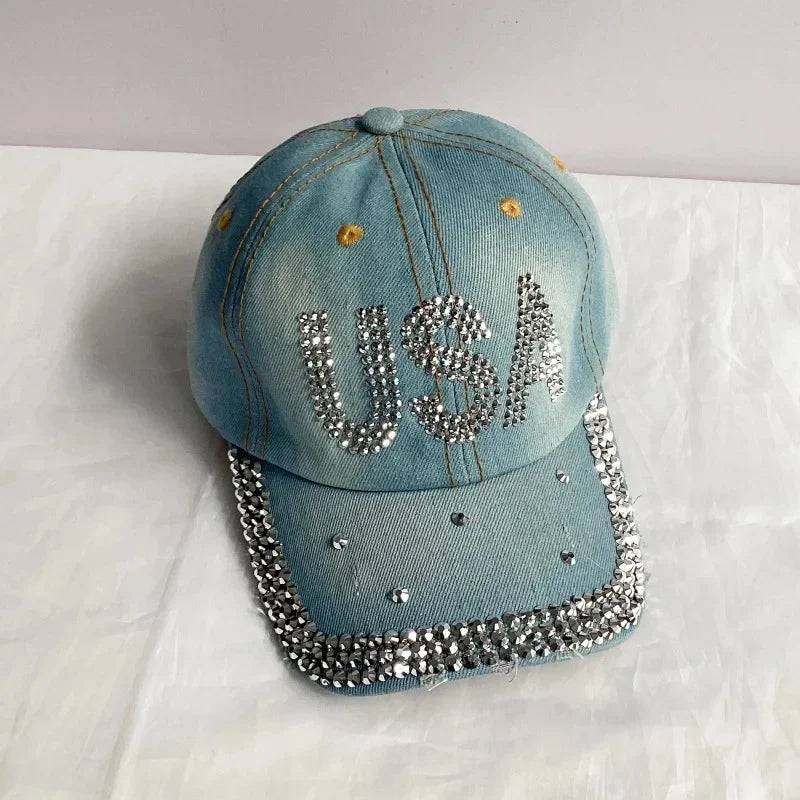 Jeans Basecap Cappy Denim Look Cap Kappe LOVE Strass gebogen Herren Damen
