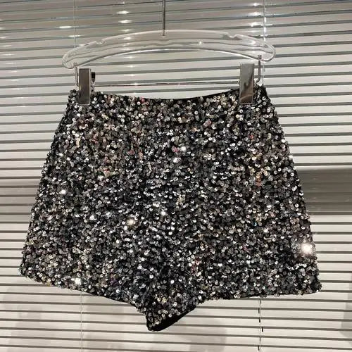 Damen Bermuda Shorts Hot Pants Kurze Hose Samt Pailletten Glänzende Clubwear