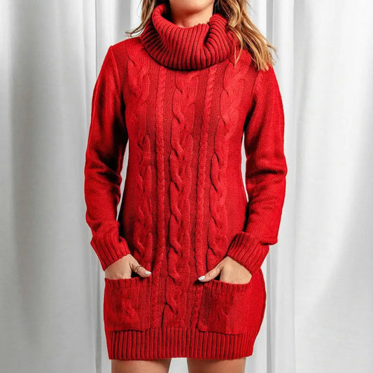 Damen Wollkleid Rollkragen Herbstkleid Winterkleid Strickkleid Longpullover