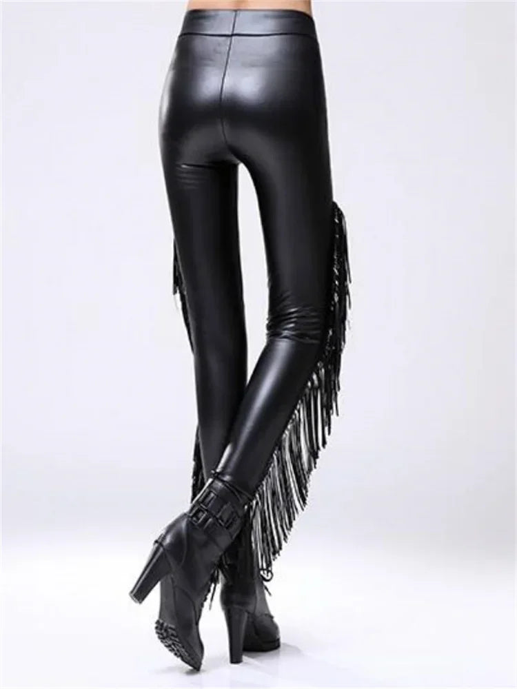 Sexy Damen Leggings Push Up Leggins Gothic Punk Hose PU Lederhose mit Fransen