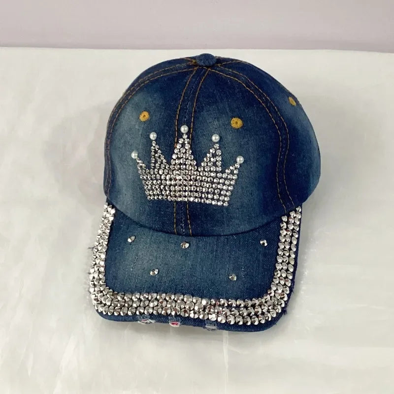Jeans Basecap Cappy Denim Look Cap Kappe LOVE Strass gebogen Herren Damen