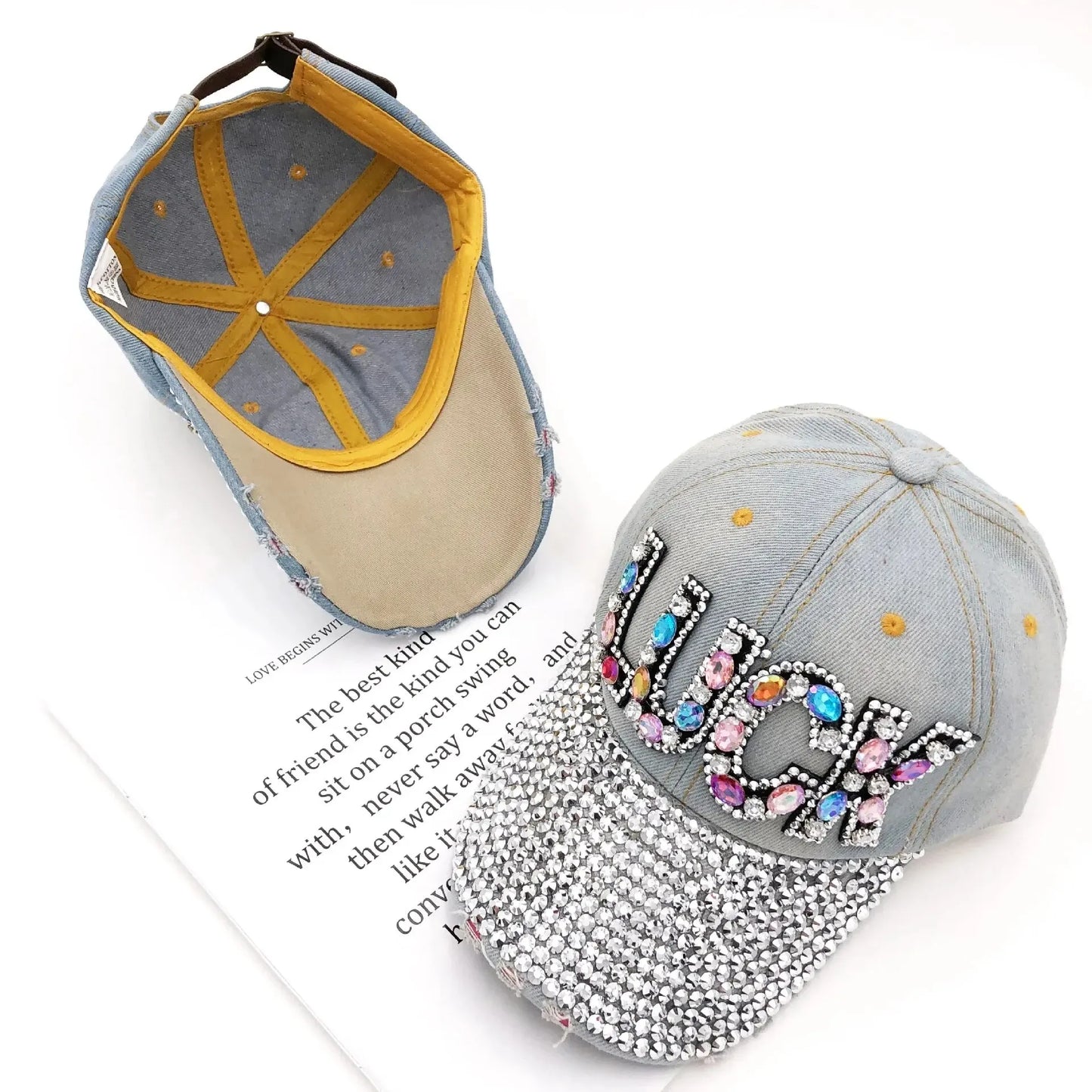 Jeans Cappy Denim Look Basecap Cap Kappe LUCK Strass gebogen Damen Baseball Cap