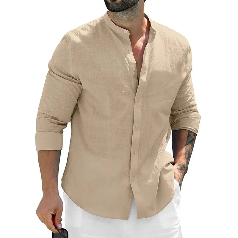 Herren Poloshirt Leinenhemd Langarm T-Shirt Leinen Hemd Polohemd Freizeithemd
