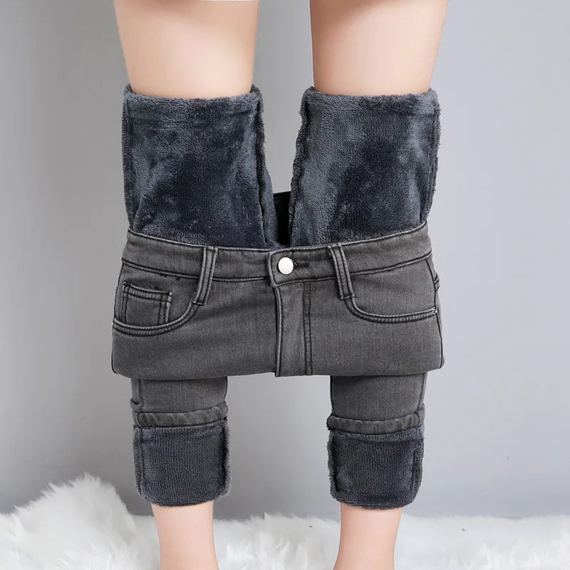 Damen Winter Warm Thermo Jeans Hose Innenfleece Stretch Hosen Leggins Denim