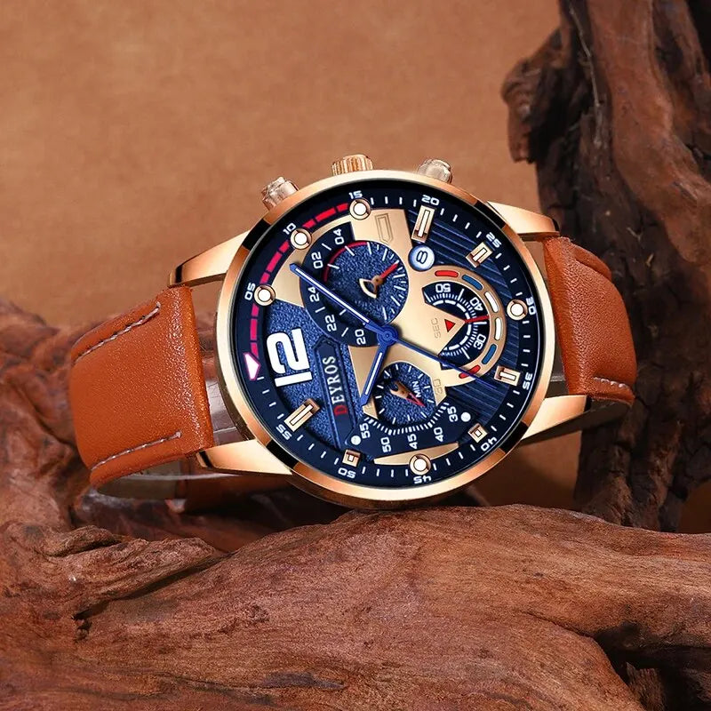 Stilvolle Herren Armbanduhr mit Kunstleder Armband Set Luxus Quarz Uhr