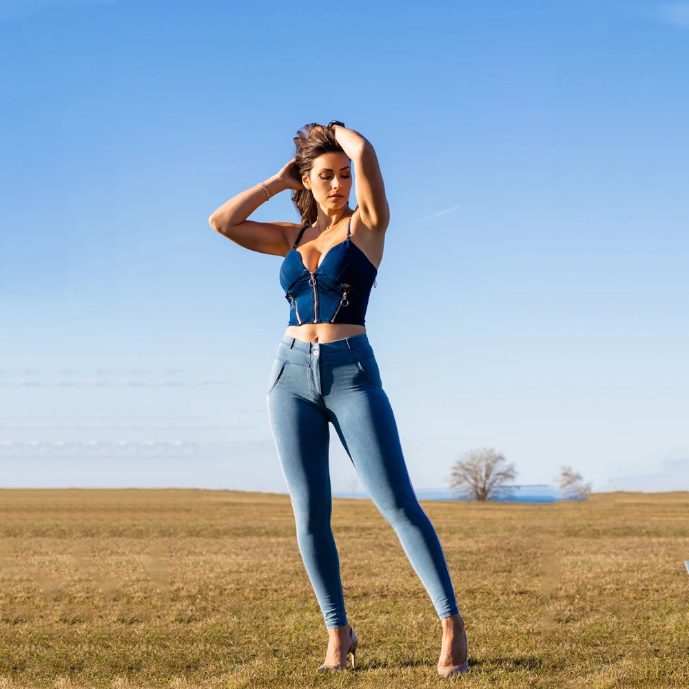 Damen Leggins Denim Look Leggings Sexy Push Up Jeans Hose Jeanshose Stretchhose