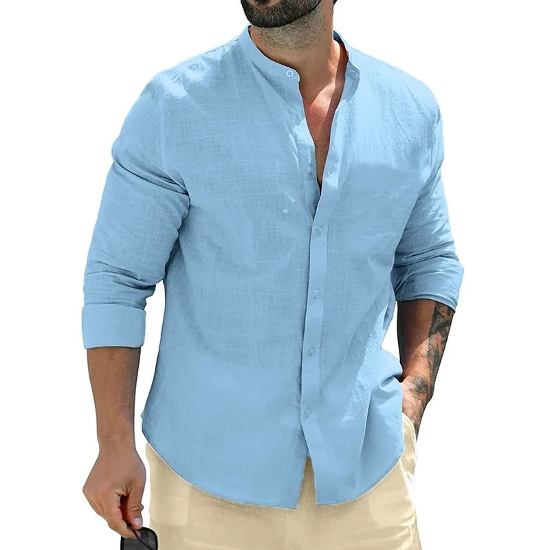 Herren Poloshirt Leinenhemd Langarm T-Shirt Leinen Hemd Polohemd Freizeithemd