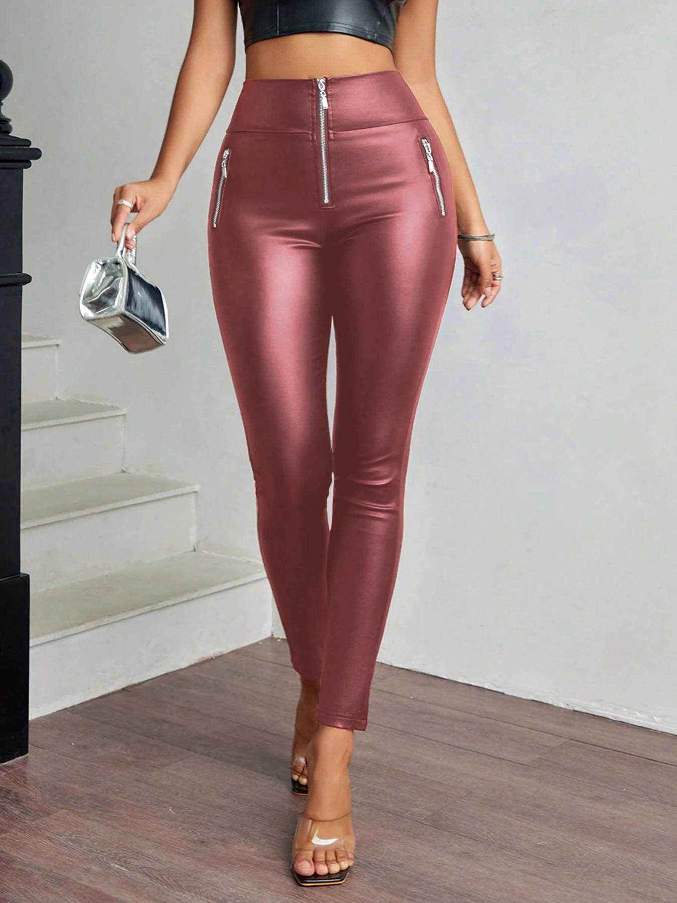 Sexy Damen Leggings Push Up Leggins Hose glänzendes PU Lederhose mit Taschen