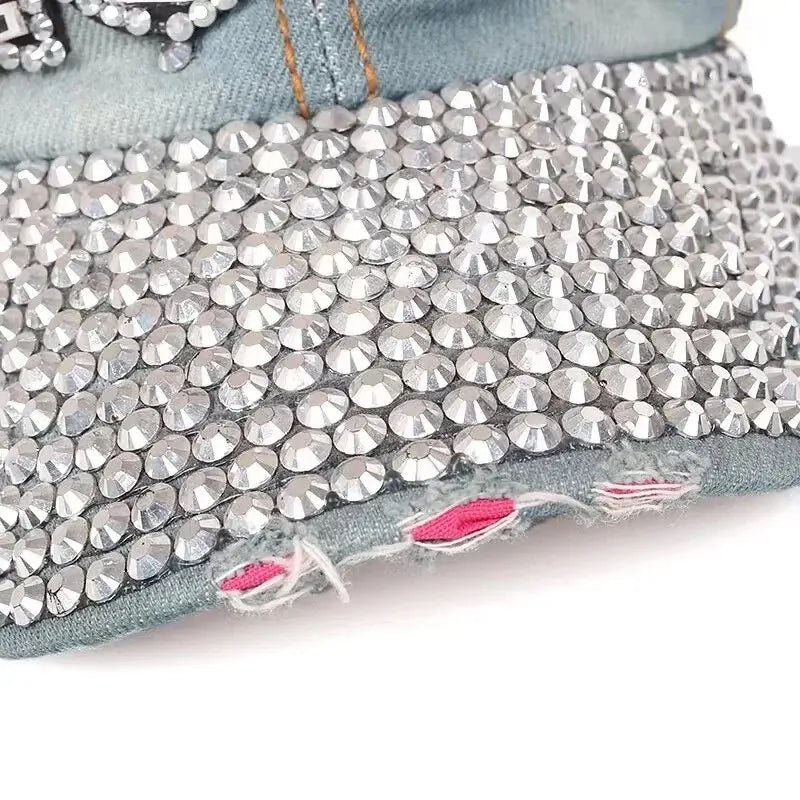 Jeans Cappy Denim Look Basecap Cap Kappe LUCK Strass gebogen Damen Baseball Cap