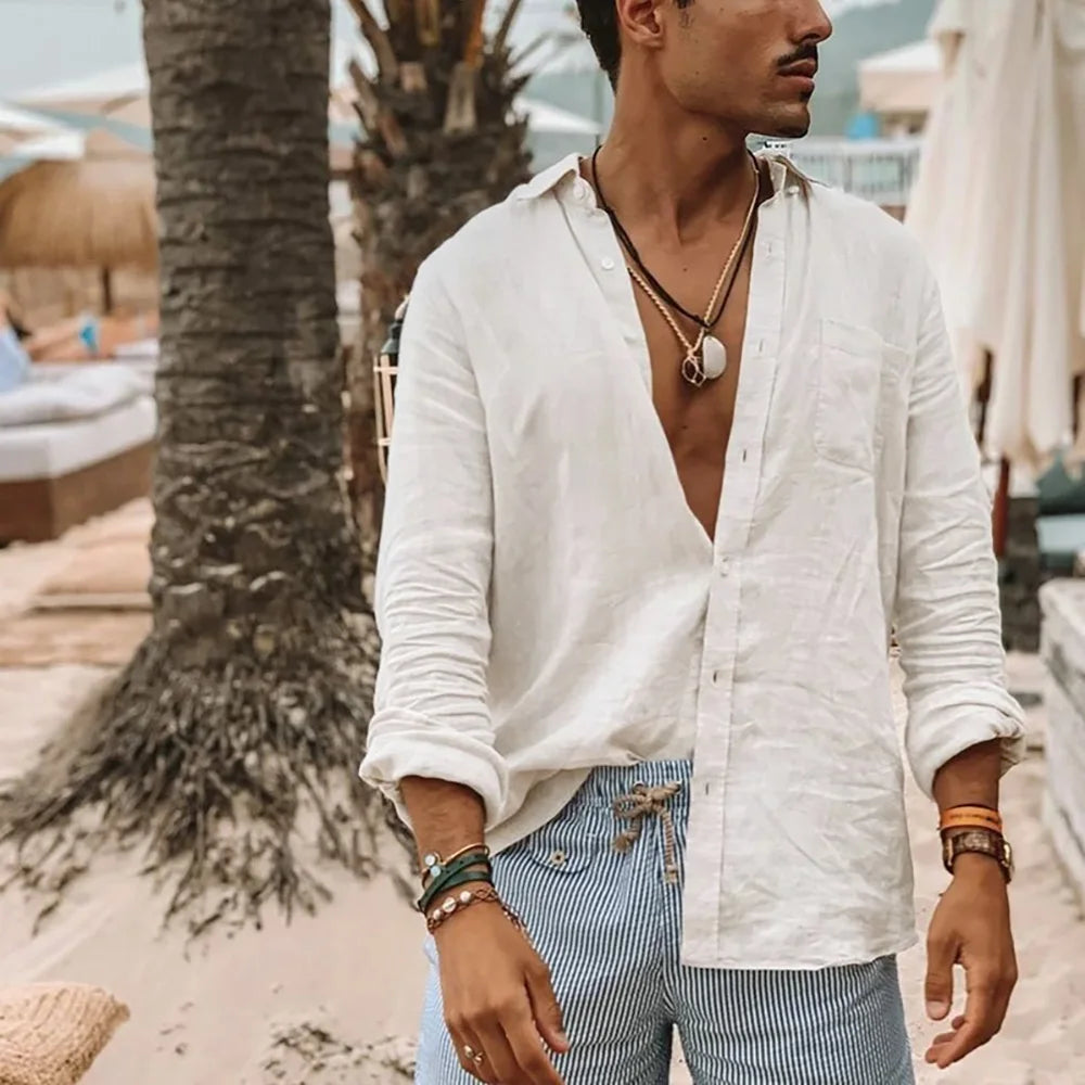 Herren-Langarmhemd, Frühling und Sommer, leichte Strandhemden, Umlegekragen, einfacher Basic-Stil, einreihiges Oberteil