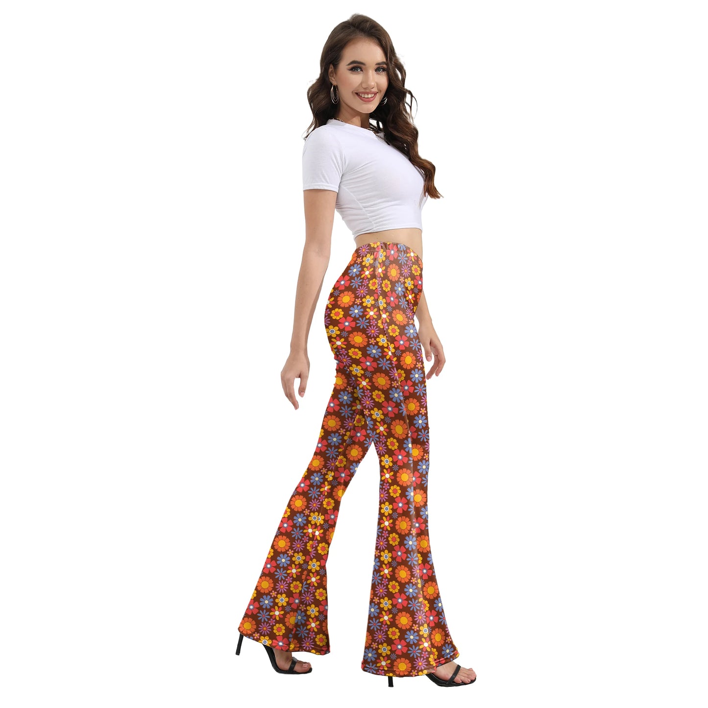 Damen Yoga Hose Bootcut Hüftjeans Schlaghose Flared Leggins Flower Power Retro