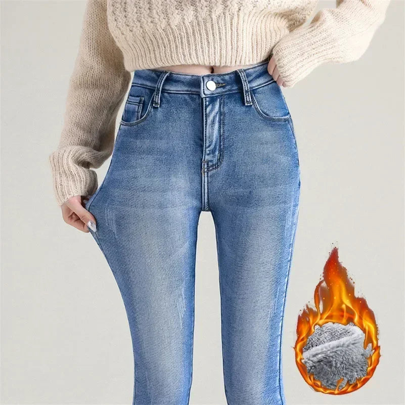 Damen Winter Warm Thermo Jeans Hose Innenfleece Stretch Hosen Leggins Denim
