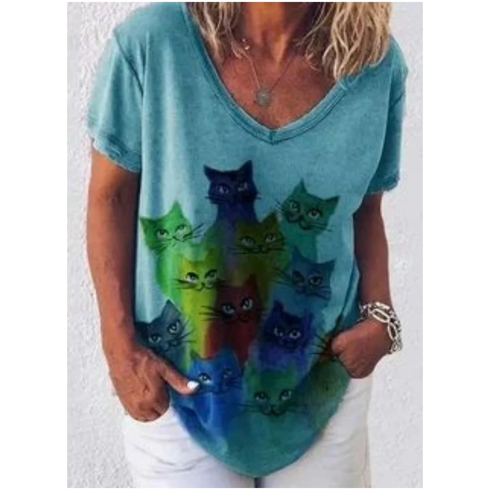 Damen Sommer Top 3D Katzen T-Shirt Rundhals Streetwear lockeres Damentop Bluse