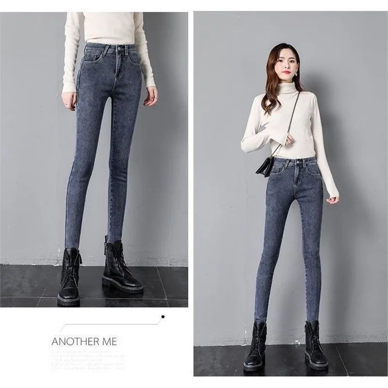 Damen Winter Warm Thermo Jeans Hose Innenfleece Stretch Hosen Leggins Denim