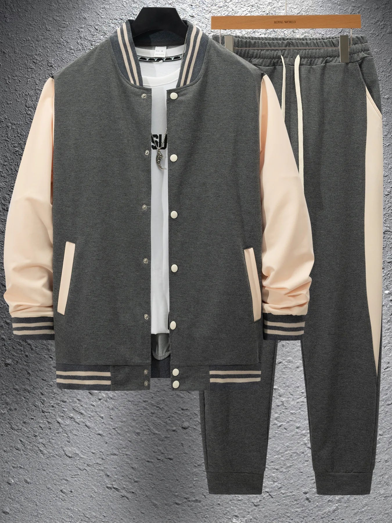 Vintage-Streetwear im Baseball-Stil im Herbst und Winter, farblich passende Patchwork-Jacke für Herren und konische Hose als trendige Kombi