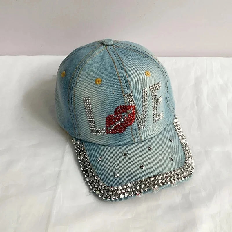 Jeans Basecap Cappy Denim Look Cap Kappe LOVE Strass gebogen Herren Damen