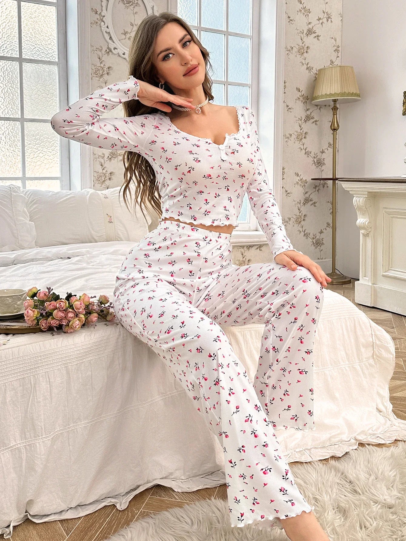 Frühling Sommer Nachtwäsche Damen Pyjamas Blumendruck Salatbesatz Pyjama Set Tops und lange Hosen Loungewear Nachtwäsche