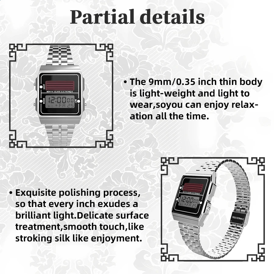Solar Herren Digitaluhr Retro Chronograph Edelstahlarmband Wasserdicht Multifunktionale Sport Elektronische Uhren
