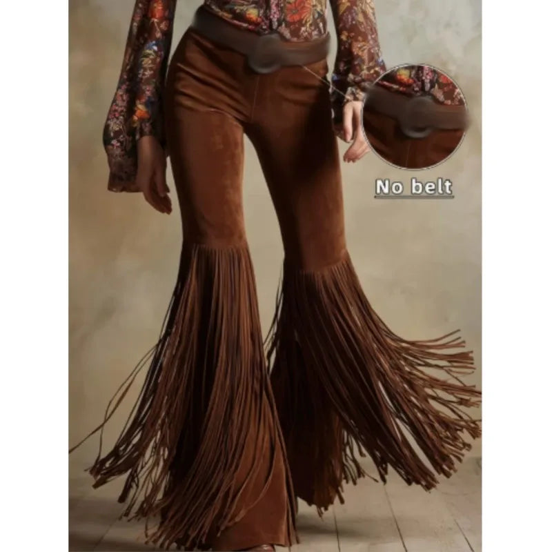 Sexy Damen Fashion Hose Kunst Lederhose Schlaghose Retro Western Flare Wildleder