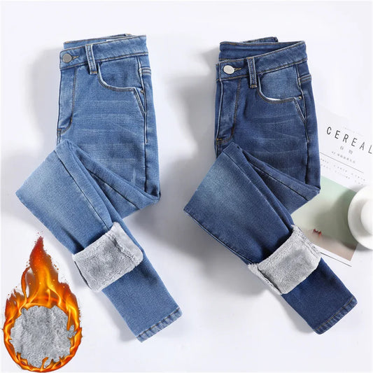 Damen Winter Warm Thermo Jeans Hose Innenfleece Stretch Hosen Leggins Denim