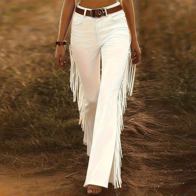 Sexy Damen Fashion Hose Kunst Lederhose Schlaghose Retro Western Flare Wildleder