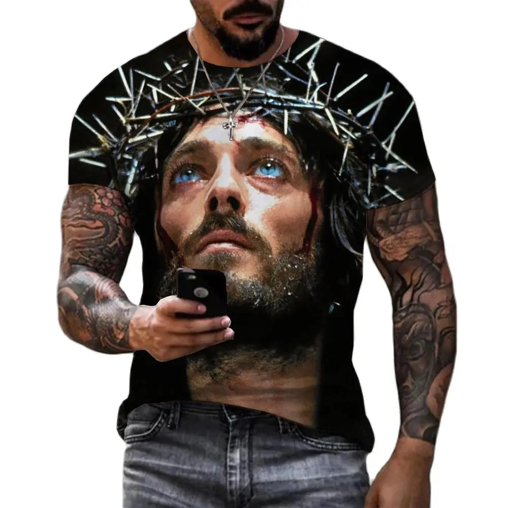 Herren Jesus Christus Kreuz 3D T-Shirt Rundhals Unisex Sommer Streetwear