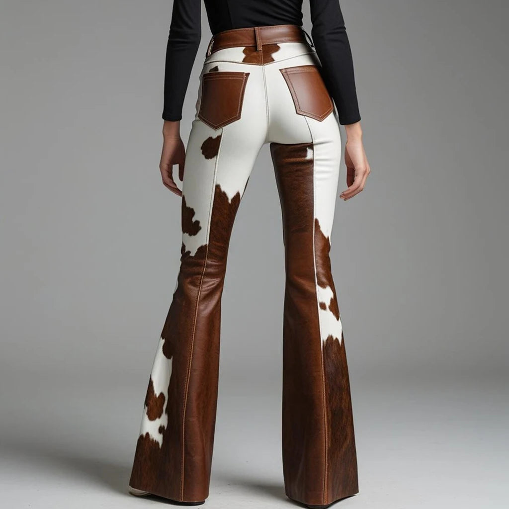 Sexy Damen Fashion Hose Kunst Lederhose Schlaghose Retro Western Flare Kuhmuster