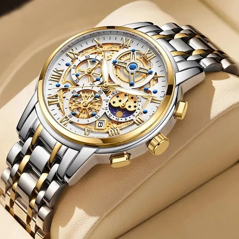 Herren Armbanduhr Silber Schwarz Edelstahl Quarzuhr Luxus Chronograph Business