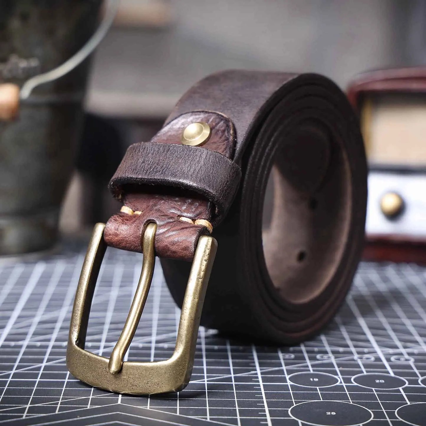 Jeans-Gürtel Herren Eckig Schnalle Echt Leder Gürtel Braun Breite Schnalle