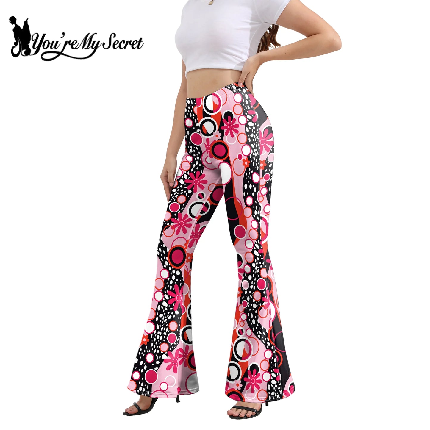 Damen Yoga Hose Bootcut Hüftjeans Schlaghose Flared Leggins Flower Power Retro
