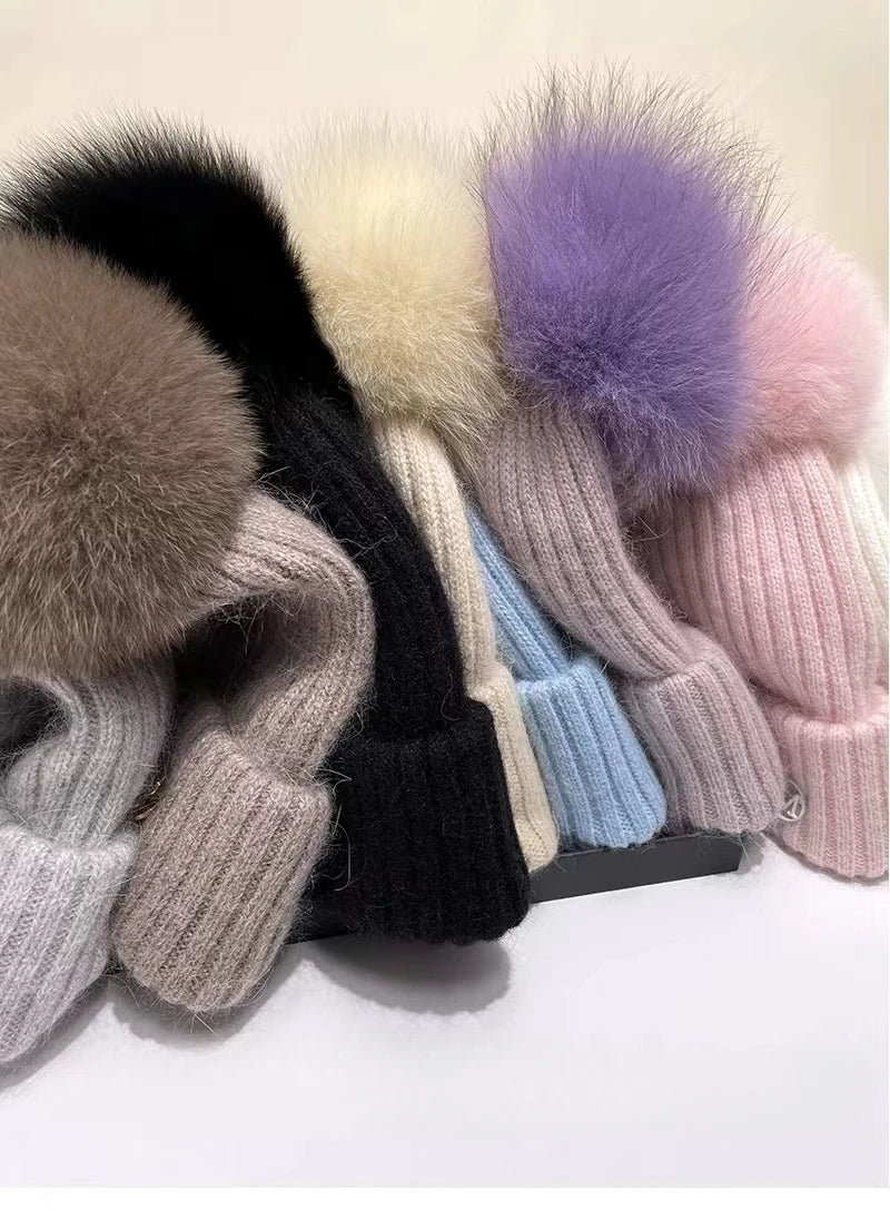 Damen Wolle Mütze Wintermütze Strickmütze Gefüttert Pudel Bommelmütze Pudelmütze