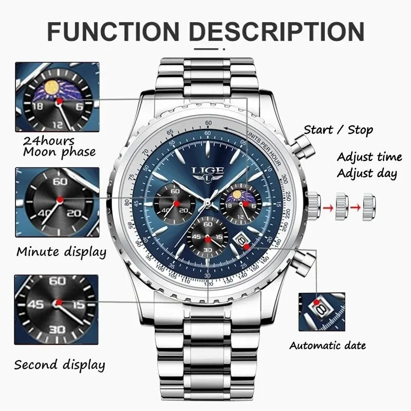 Herren Armbanduhr Silber Gold Edelstahl Fashion Quarz Uhr Chronograph Business