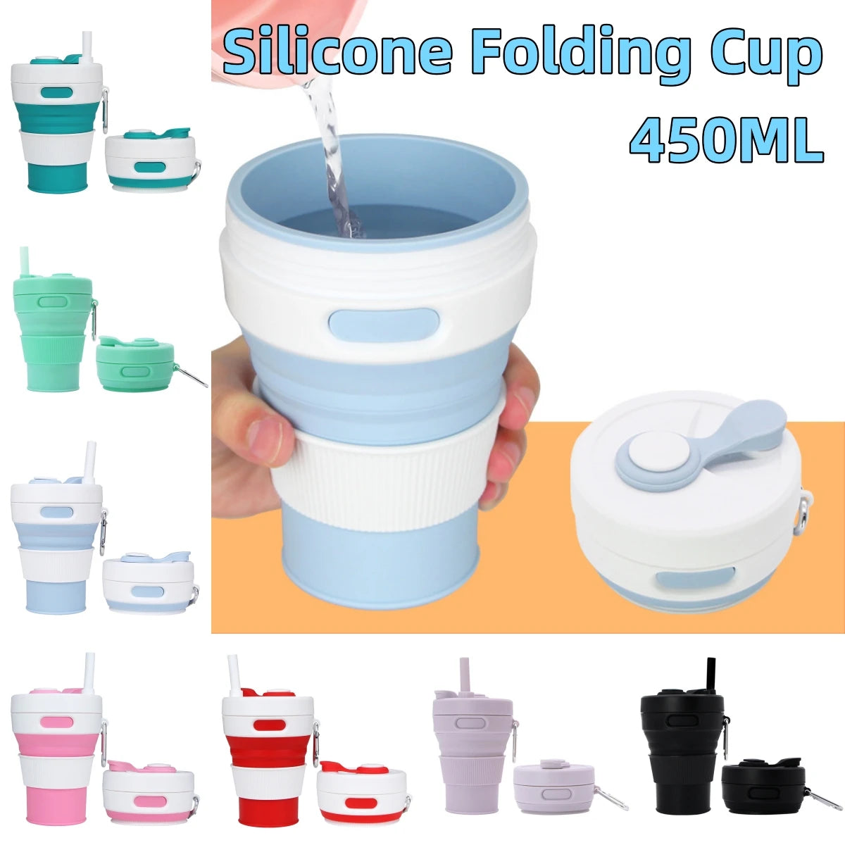 Silikon Trink Becher klappbar faltbar Reise Camping Wandern Outdoor Mug 450ml