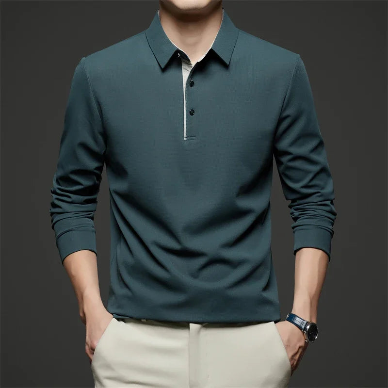 Neues Herren-Poloshirt, Business-Casual, langärmelig, einfarbig, modisch, warm, bequem, vielseitiges Oberteil für vier Jahreszeiten