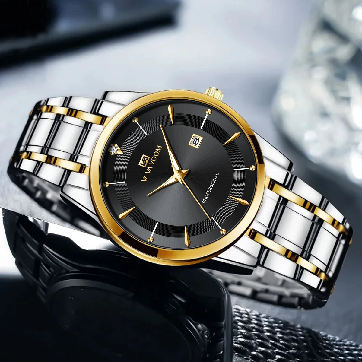 Herren Armbanduhr Silber Schwarz Edelstahl Quarzuhr Luxus Chronograph Business