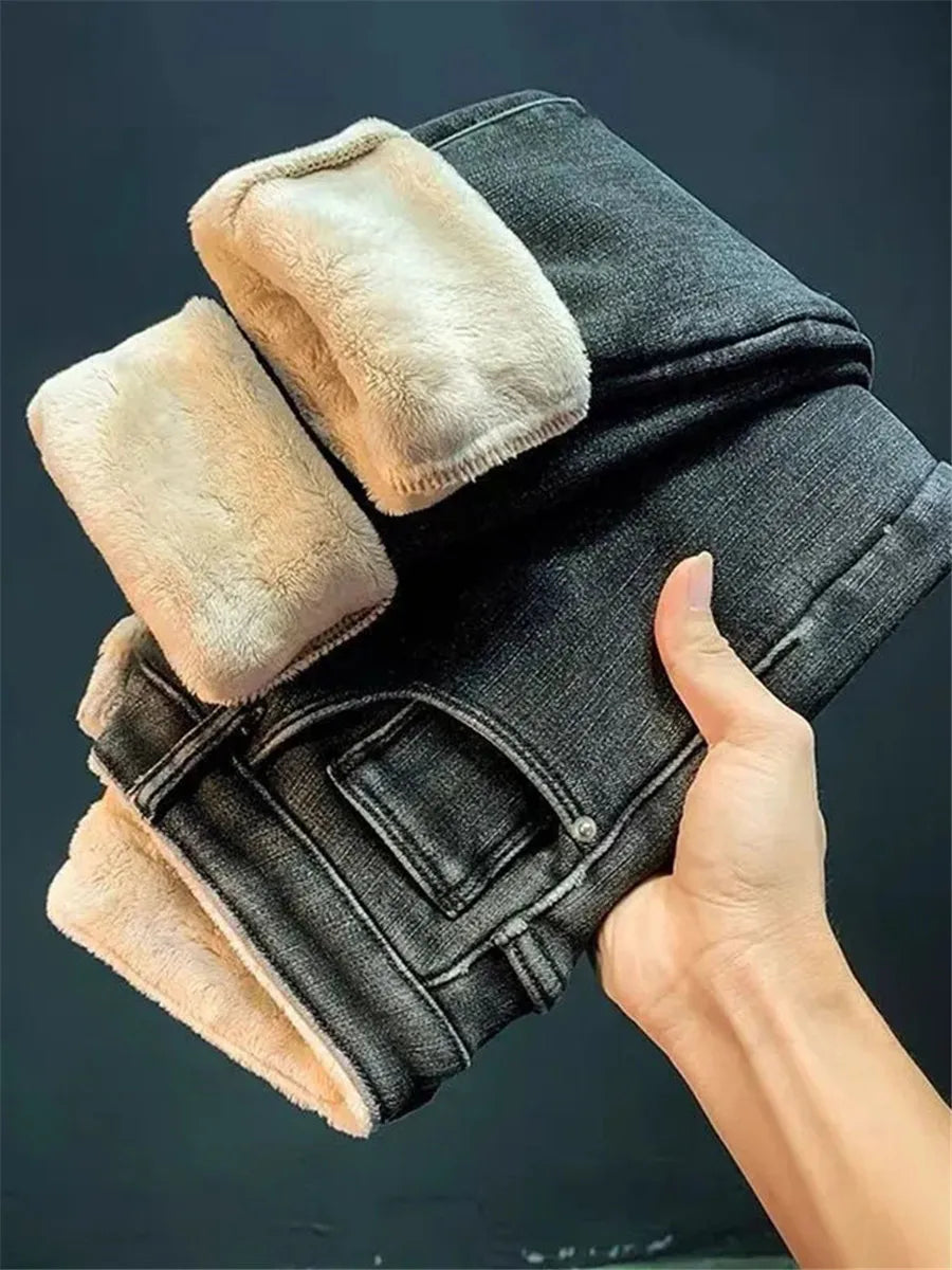 Damen Winter Warm Thermo Jeans Hose Innenfleece Stretch Hosen Leggins Denim