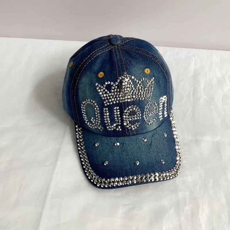 Jeans Basecap Cappy Denim Look Cap Kappe LOVE Strass gebogen Herren Damen